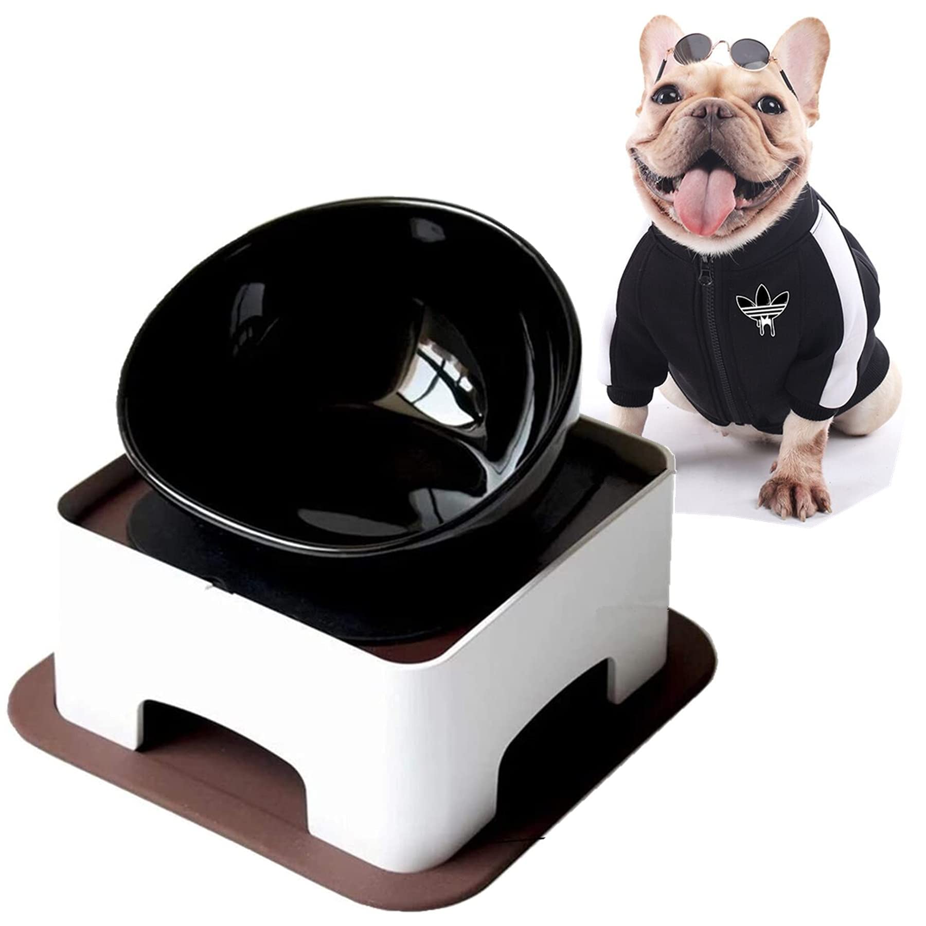 Bulldog Bowl Anti-Slip Dog Cat Dish Detachable Dog Bowl Pet Sterile Tilted Pet Feeder Slope Bas (Black Ceramic-Bowl） 1.5 Cup