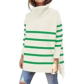 OU MgCE FAST FASHION Women's Turtleneck Oversized Sweaters Long Sleeve Split Hem Striped Knit Pullover Tops
