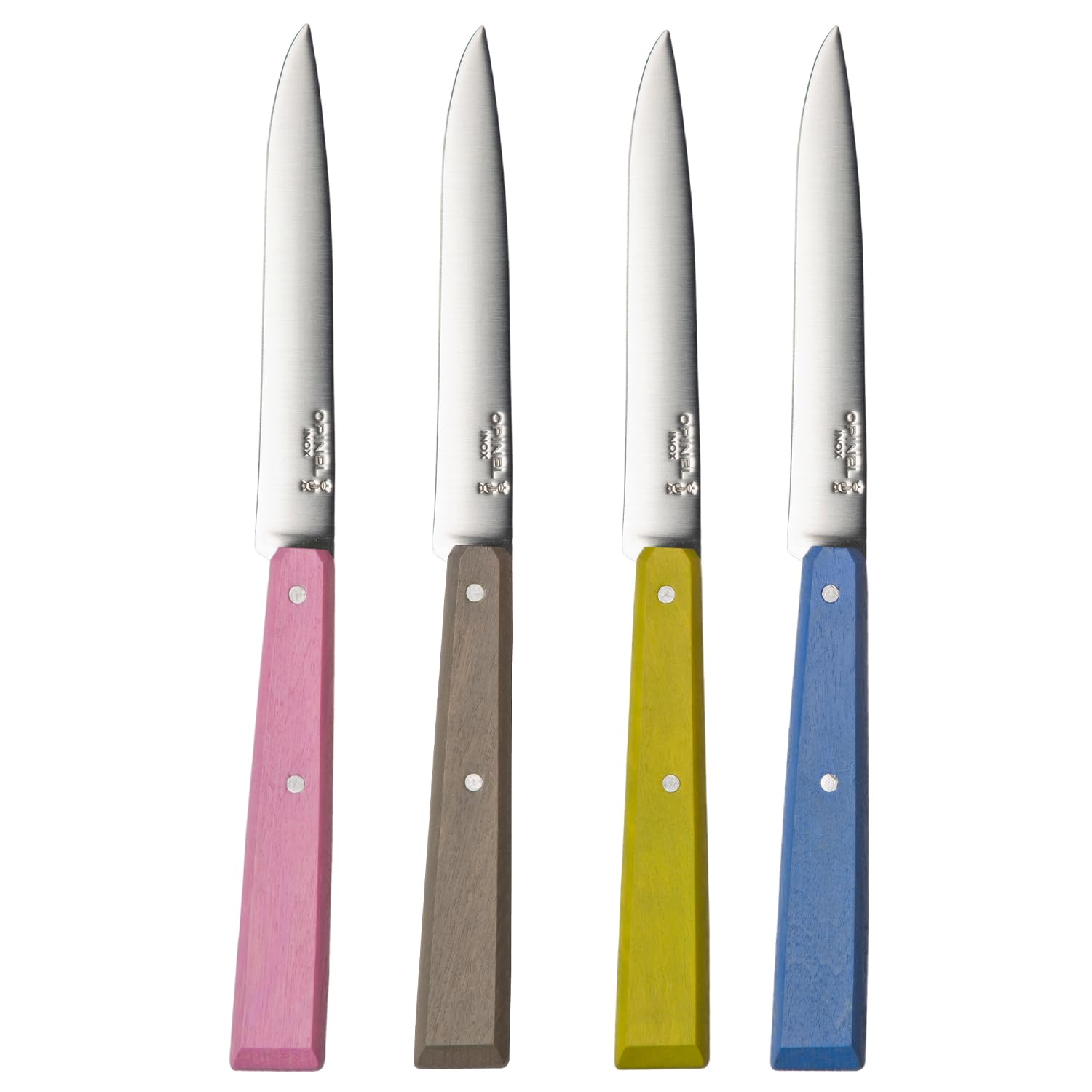 OPINEL – Table Set No. 125 Bon Appétit Countryside – 4 Table Knives – Table Steak Knives – Stainless Steel Blade 11 cm and Wooden Handle – Azur, Linden, Grey & Pink