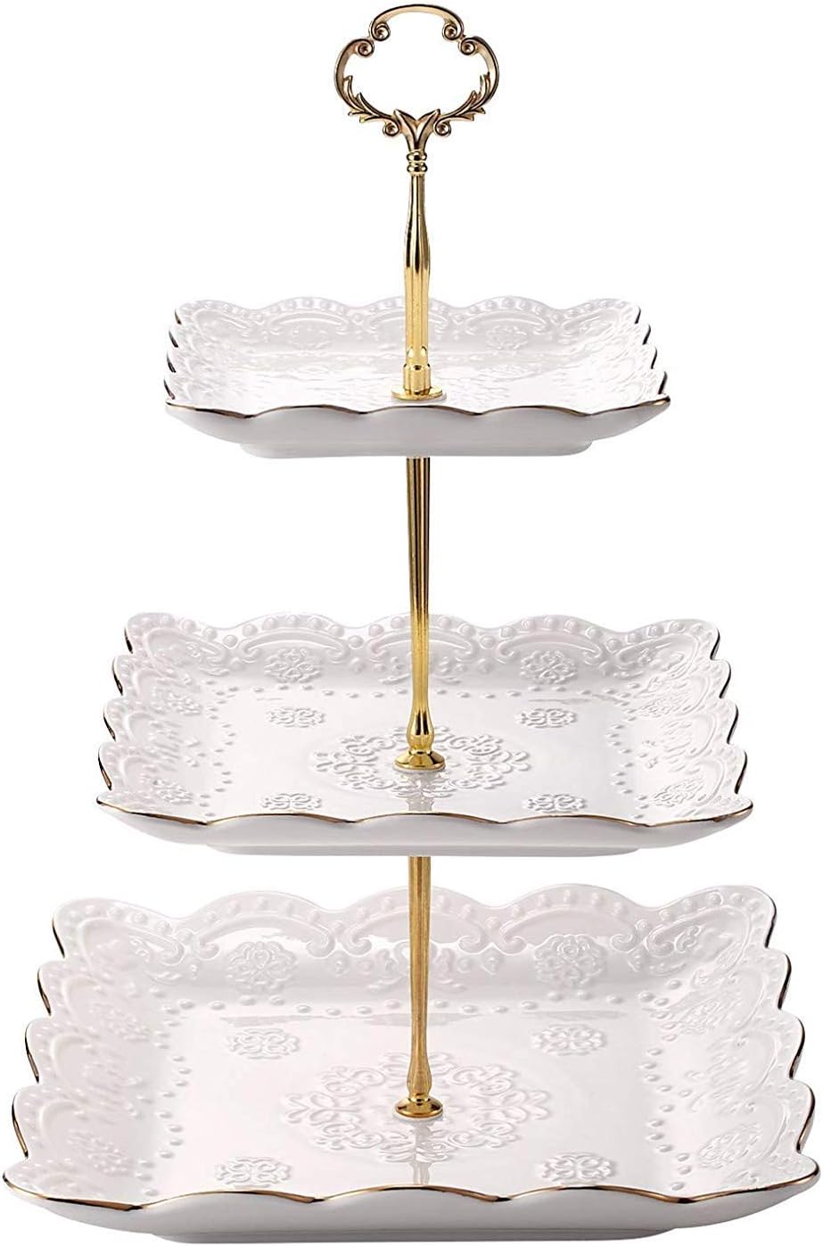 3-Tier Square Ceramic Cupcake Stand, High Tea Stand for Party or Holiday Hosting (with Gold Edge)