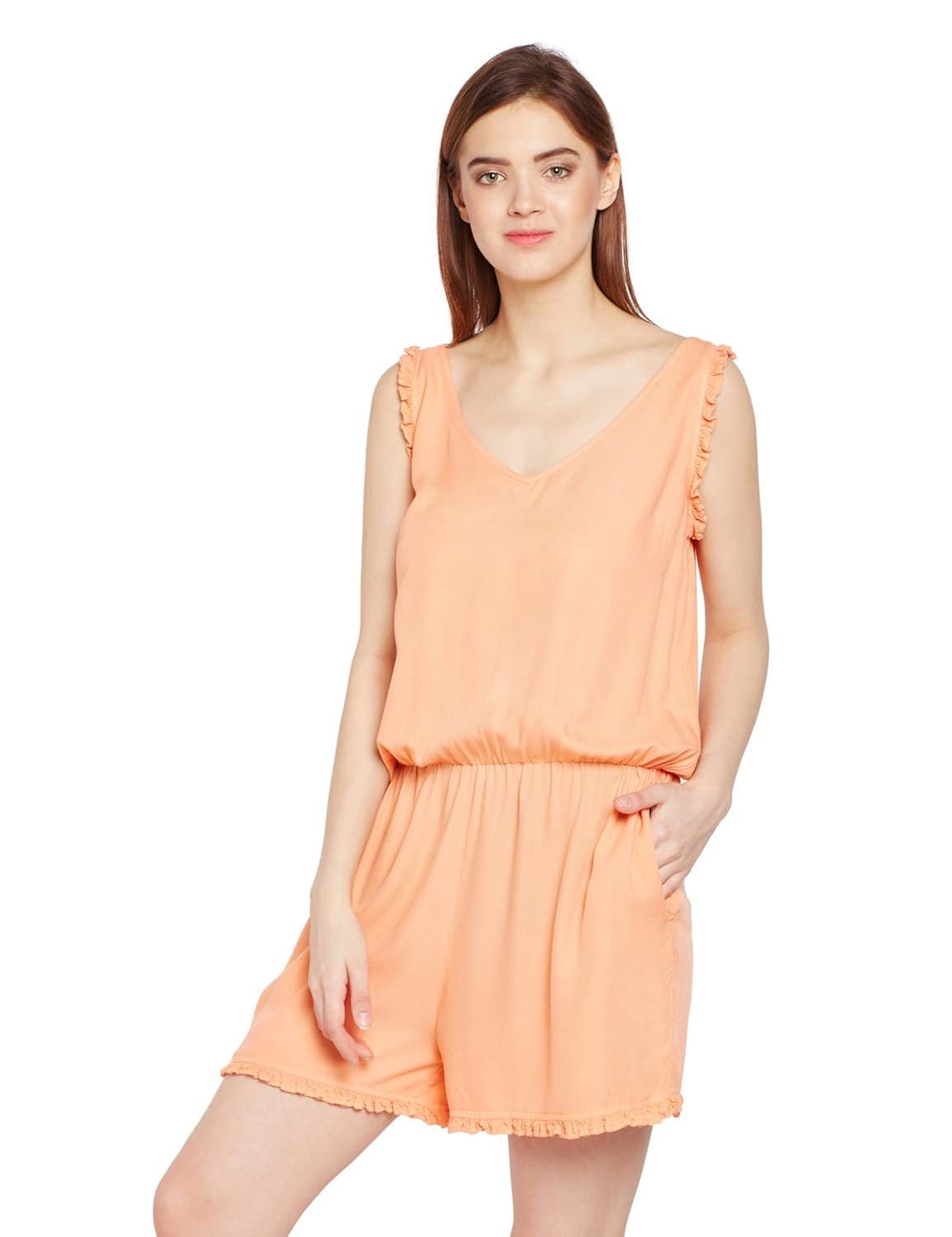 orange sleeveless jumpsuit