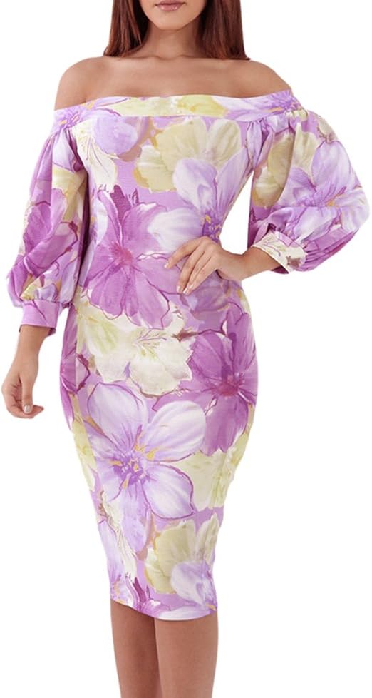Ai.Moichien Elegant Purple Lilac Floral Boat Neck Off Shoulder Bouffant Sleeve Boho Bodycon Wrap