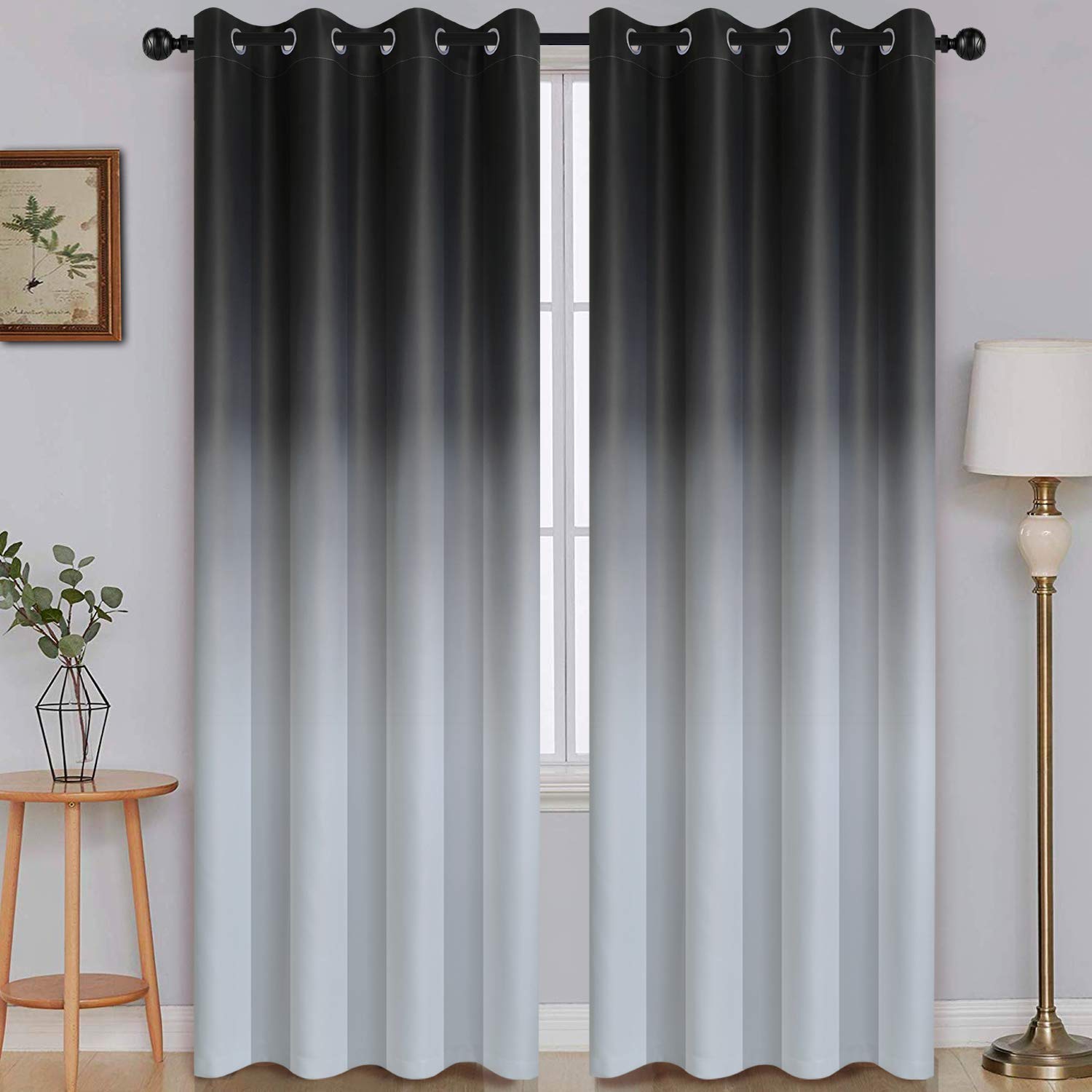 SimpleHome Ombre Blackout Curtains Gradient Black to Grey White Light Blocking Thermal Insulated Eyelet Curtains for Bedroom Living Room 2 Panels 51" x 85" Drop