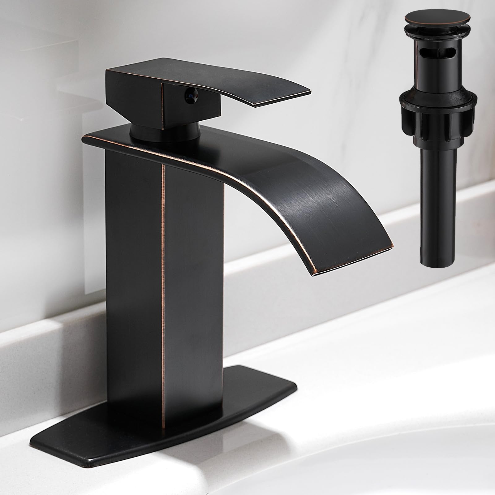 Hoimpro Bronze Waterfall Bathroom Faucet with cUPC Supply Lines, Single Handle Bathroom Sink Faucet with Pop-up Drain, Rv Vanity Vessel Faucet with Deck Plate, Oil Rubbed Bronze, 1 or 3 Hole Image