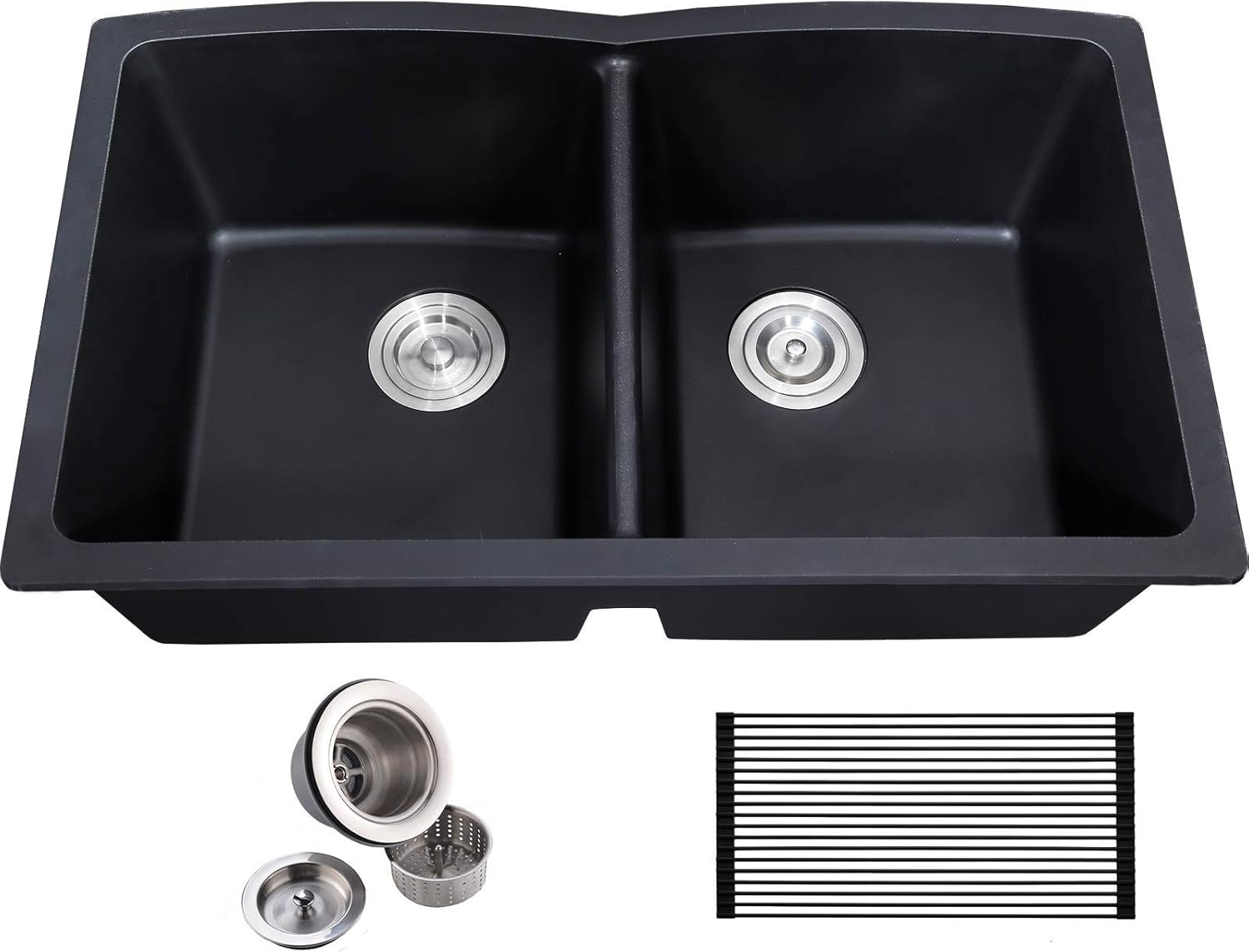 Quartz Sink With Low Divide 31 7 Inch Classic Undermount Equal Double Bowl Composite Onyx Granite Black Kitchen Sink Strainer Vccucin Kitchen Sink Included Drain Assembly Double Bowl Kitchen Sinks Fcteutonia05 De