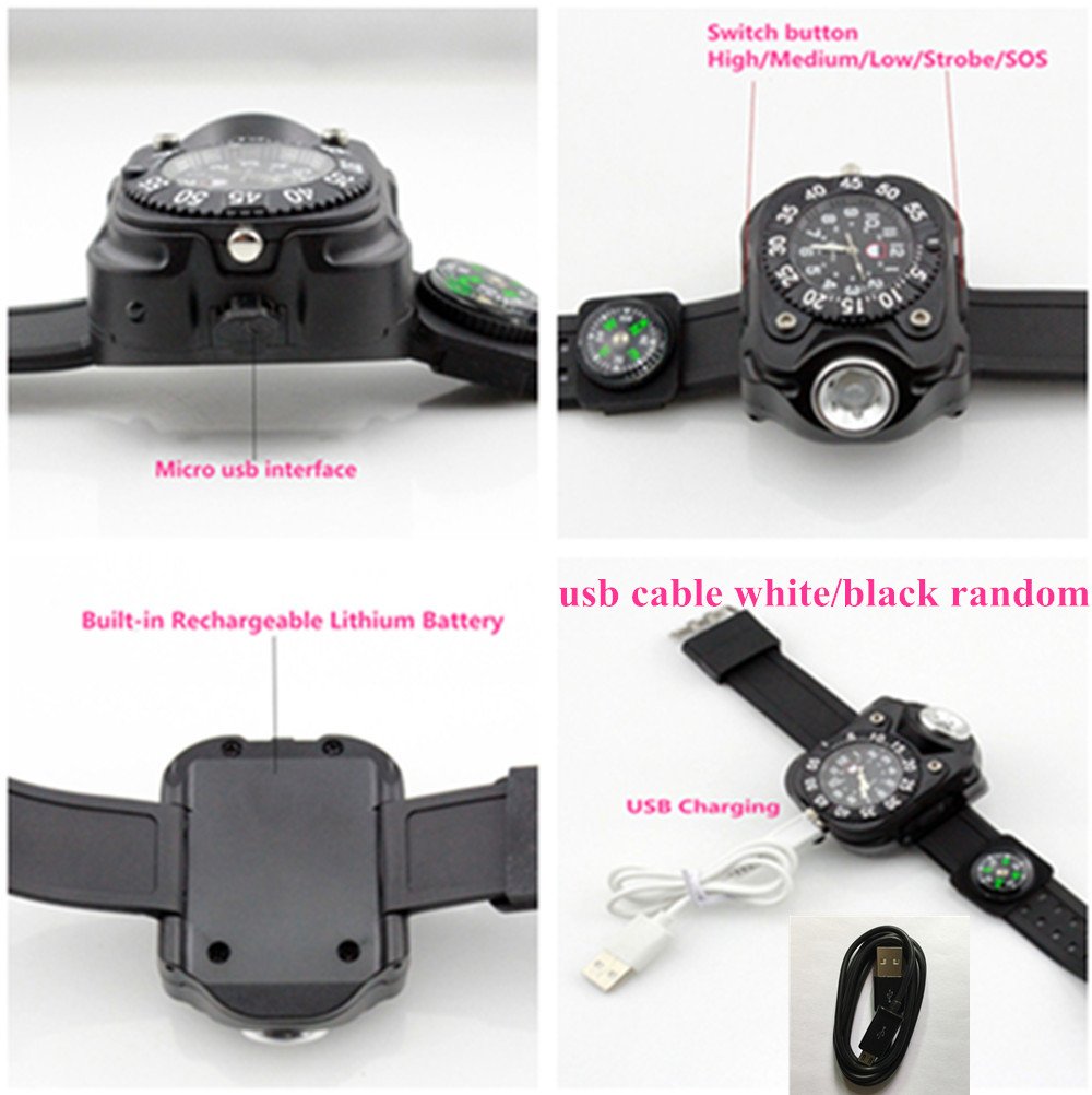 Rechargeable 350 Lumens Led Torch Wrist Light, Waterproof Watch Flashlight with Compass Tactical Flashlights for Outdoor Running, Hiking, Camping, Biking, Mountain Climbing for Birthday Gift