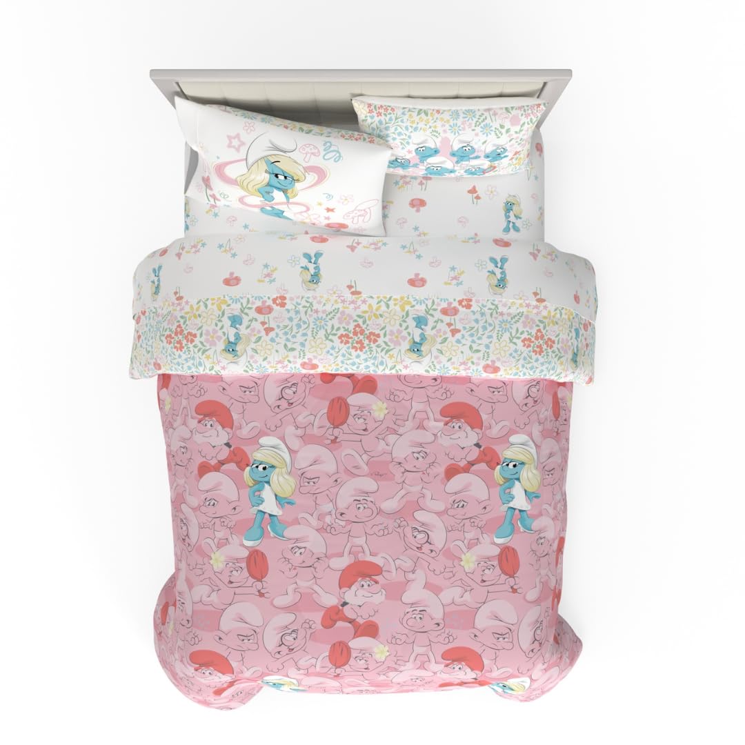 The Smurfs Smurfette Full Bedding Set – 7 Piece Kids Super Soft Microfiber Reversible Comforter & Sheet Set - Pink, (Officially Licensed Product) by Franco Image