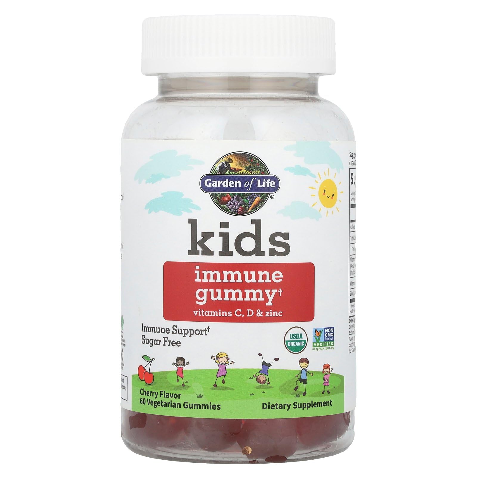 Garden of Life Kids Immune Support Gummies with Vitamin C, D as D3 & Zinc for 3-in-1 Daily Children’s Immunity – Organic, Non-GMO, Gluten-Free, Vegetarian, Sugar Free, Cherry Flavor, 30 Day Supply