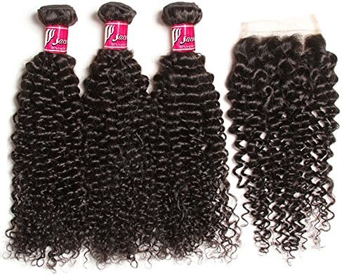 SAOMAI 4Pcs/Lot Unprocessed 6A Grade Brazilian Kinky Curly Virgin Hair Weave With Closure 3Pcs 100% Virgin Human Hair Extensions Weft Bundles With Top Lace Closures 44 (12"14"16" with 10" closure)