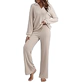 EVALESS Womens Pajama Sets Long Sleeve Sleepwear Matching Drawstring Elastic Pj Pants Ribbed Knit 2 Piece Lounge Set