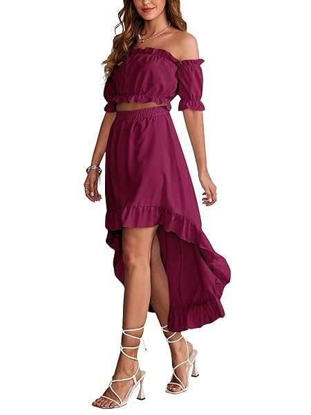 LYANER WOMEN’S TWO PIECE OUTFITS OFF SHOULDER CROP TOP AND HIGH LOW SKIRT SET CRANBERRY RED SMALL