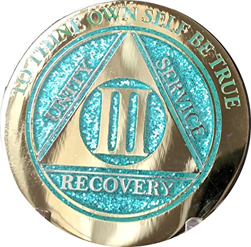 3 Year Elegant Glitter Aqua Turquoise Gold Silver Bi-Plated AA Medallion Chip III
