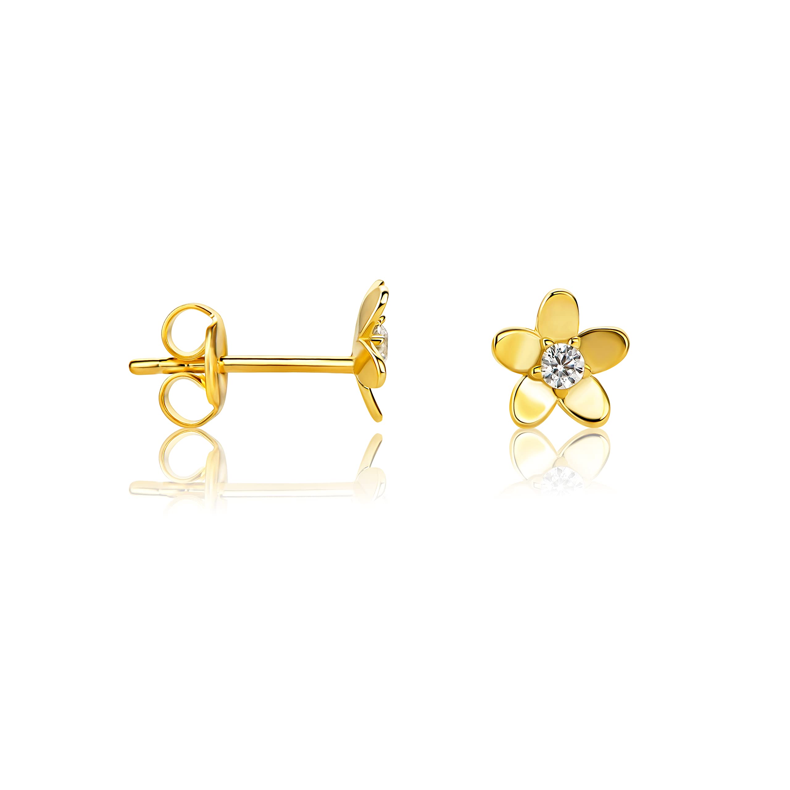 14K Small Flower Stud Earrings 585 Yellow Gold with Cubic Zirconia - C-84