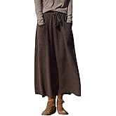 Women's Maxi Wool Skirt with Pockets Elastic High Waist Drawstrings Autumn Winter Pleated Midi Skirt (US, Alpha, One Size, Regular, Regular, Coffee)