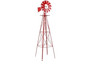 Crownland 8FT Ornamental Windmill Backyard Garden Decoration Weather Vane, Heavy Duty Metal Wind Mill Weather Resistant 4 Legs Design (Red)
