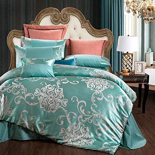 Alicemall 4 Piece Sateen Cotton European Luxury Jacquard Duvet Cover Sets,Delicate Floral Pattern Bedding Sets,Duvet Cover Flat Sheet and 2 Pillowcases(Blue 4, King)