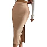 Ladybranch Women's Casual Midi Ribbed Knit Skirt with Side Slit Stretchy Work Business Casual Pencil Pull-On Skirts