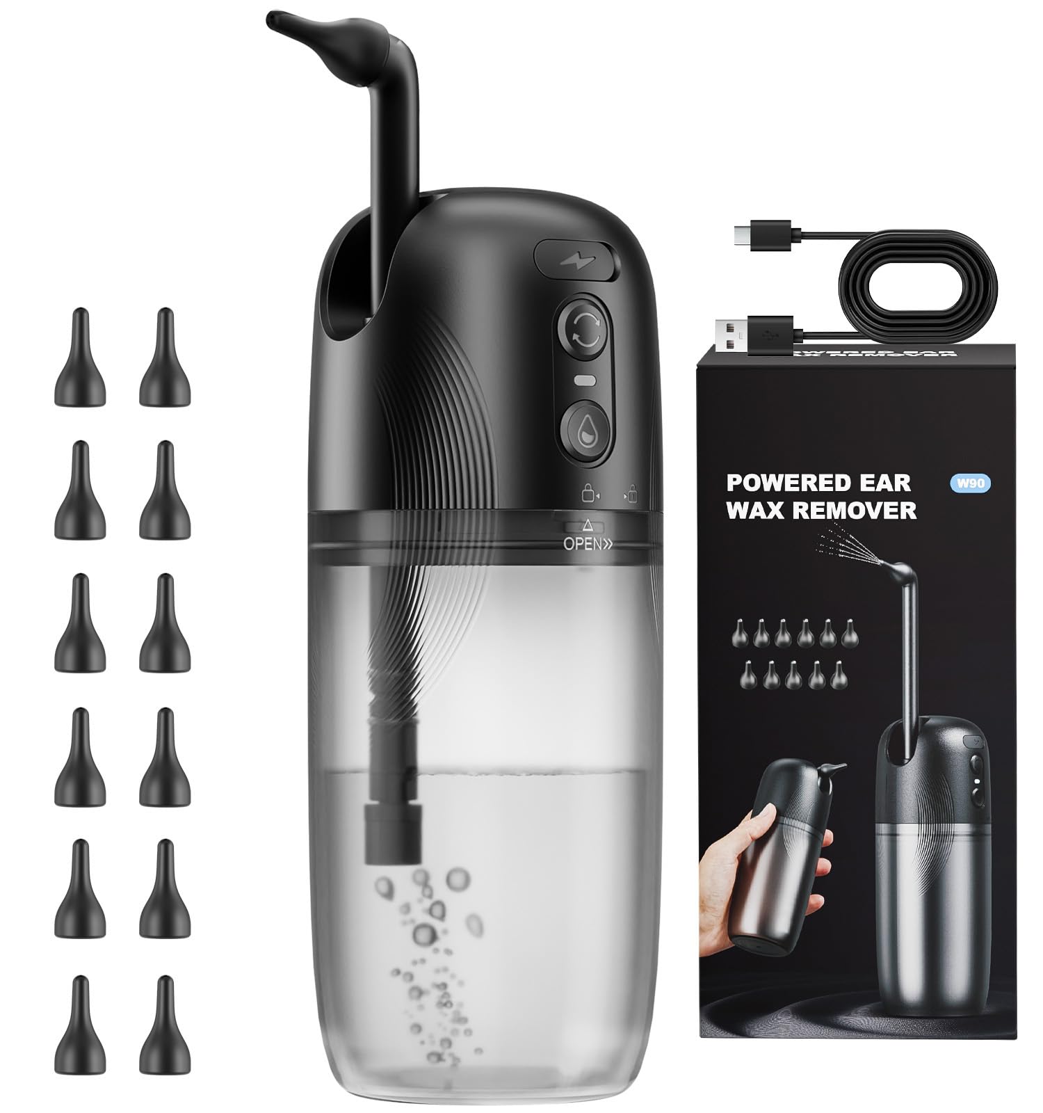 Photo 1 of Electric Ear Wax Removal, Ear Cleaning Kit, Water Powered Ear Cleaner with 3 Pressure Modes 12 Replacement Tips, Ear Irrigation Flushing System, Safe and Effective Ear Wax Removal Tool (Black)