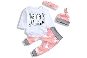 i-Auto Time 4Pcs Newborn Baby Girl Clothes Mama's Mini Romper+Deer Pants+Hat+Headband Christmas Outfits Set