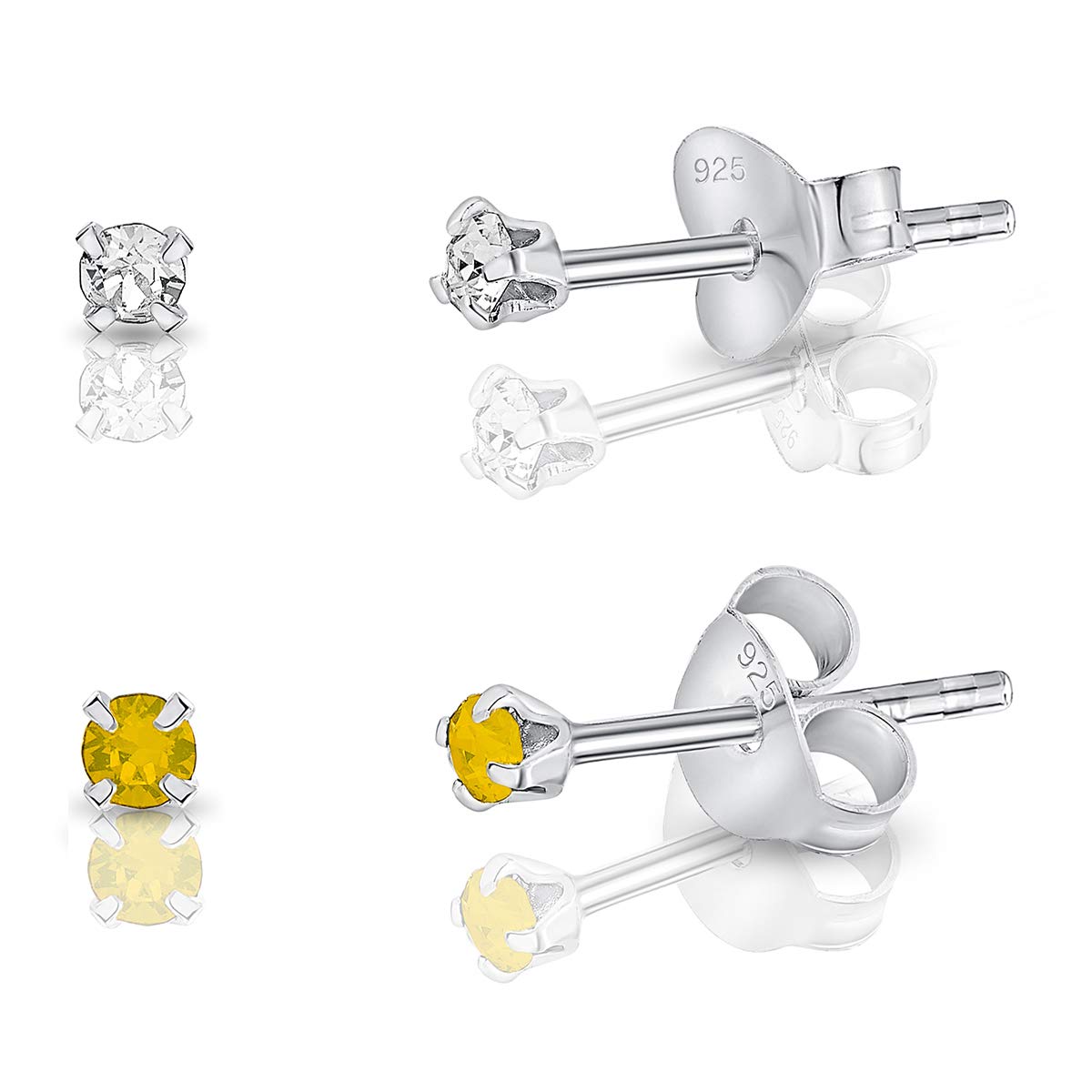 DTPSilver - Set of 2 PAIRS of 925 Sterling Silver Round TINY Stud Earrings made with Glittering Crystals from Swarovski® Elements - Diameter: 2 mm - Colour : Yellow Opal
