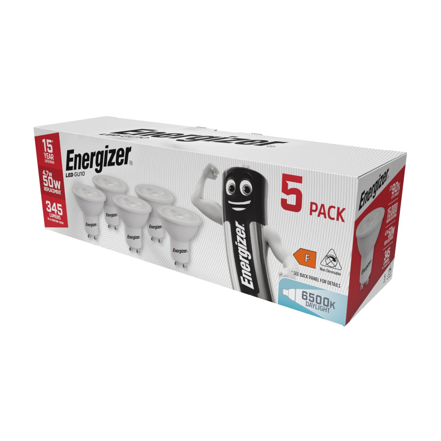 Energizer GU10 LED Bulbs Daylight White - 6500K 50W Halogen Spotlight Equivalent – 345LM - Non Dimmable. Pack of 5 — image 1