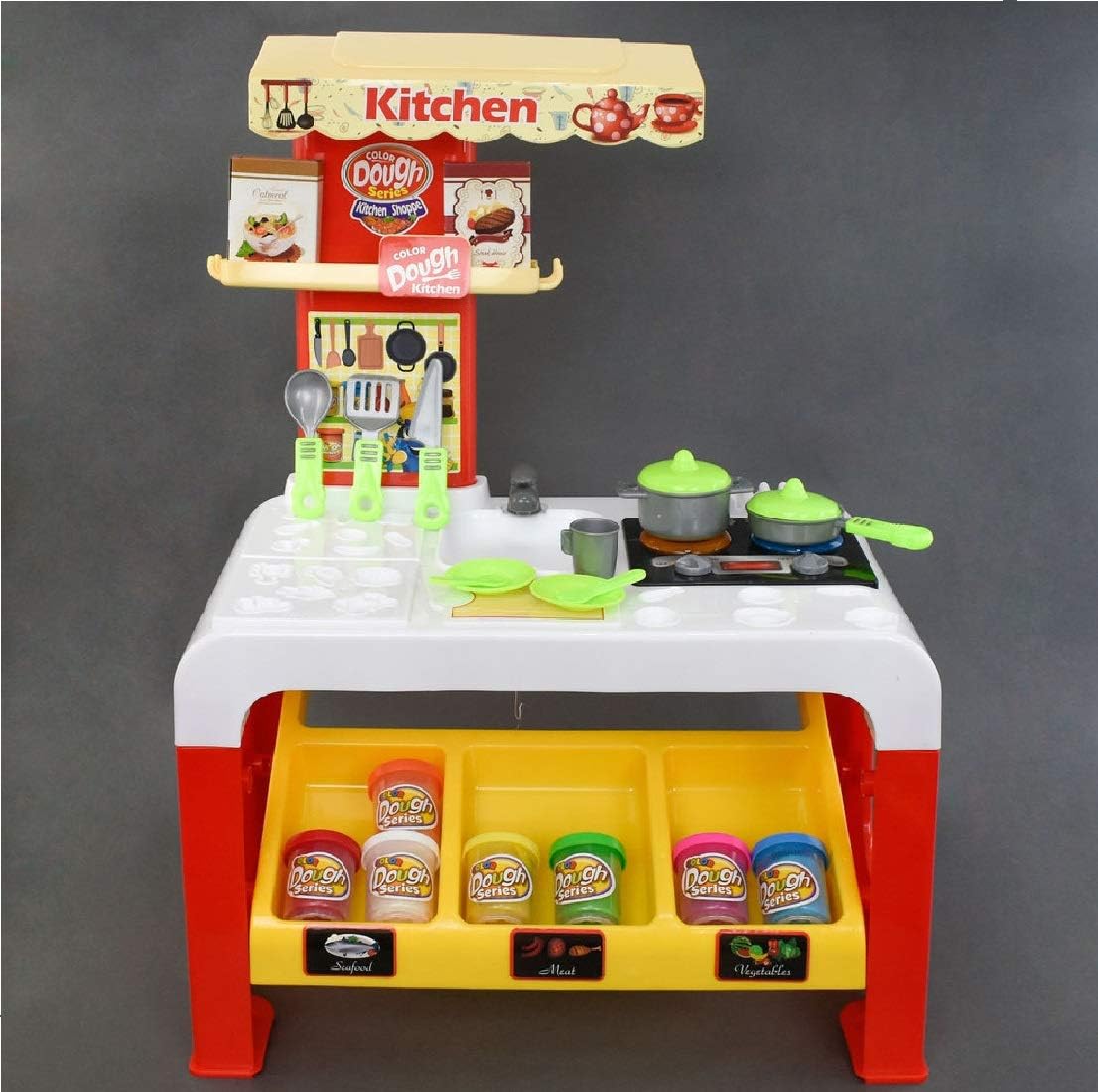 MWG Exports Co 2-in-1 Kitchen Playset + Play Dough DIY Toys Create Your Own Play Tools Dough Cooking Role Play Set for Girls & Boys Above 3 Years with Sound and Lights