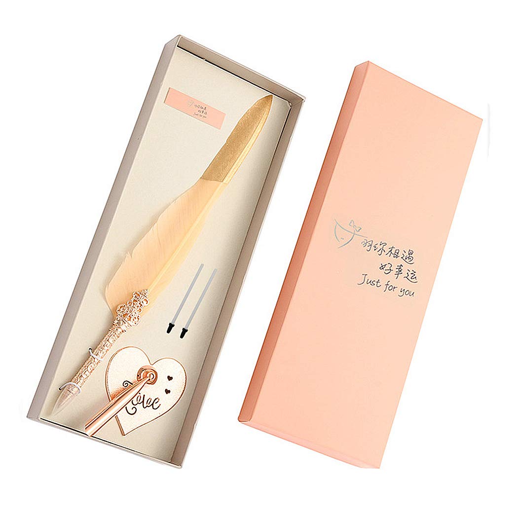 SIPLIV Feather Pen Rollerball Pen with Metal Heart-shape Base Holder Black Ink Ballpoint Quill Pen Add An Elegant Touch to Weddings, Opening, Special Events and More, Gold + Pink