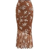 Milumia Women's Floral Mesh Ruffle Hem Maxi Skirt High Waisted Fishtail Long Skirts