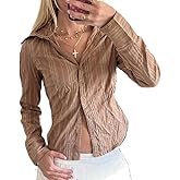 Women Y2K Fitted Button Down Shirt Striped Long Sleeve Coquette Shirt V Neck Vintage Aesthetic Preppy Blouse Top