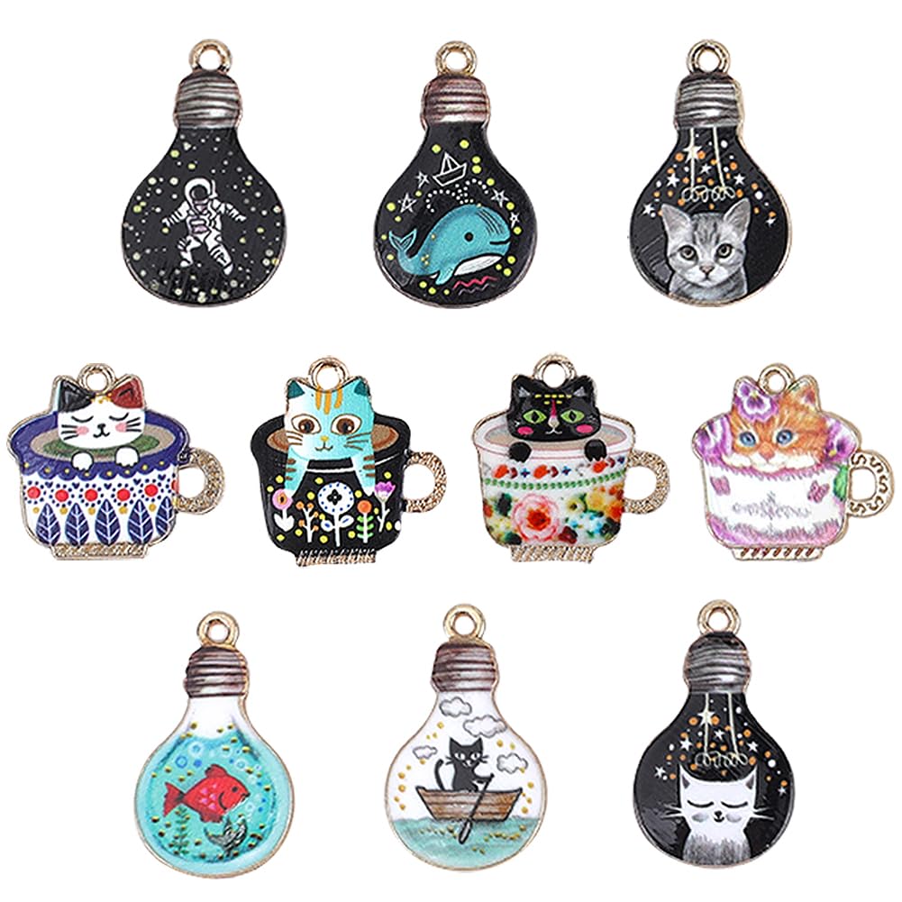 SUNNYCLUE 20PCS 10 Style Black Cat Charms Bulk Halloween Cat Charm Light Bulb Enamel Cartoon Fish Coffee Cup Pet Astronaut Charms for jewellery Making Charms Findings Holiday Halloween Party Decor