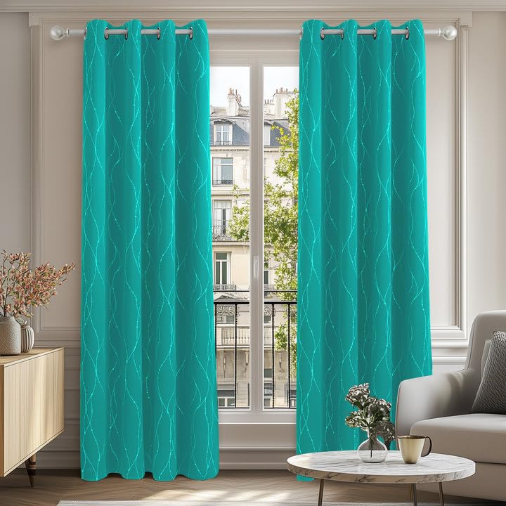 Deconovo Blackout Eyelet Curtains Thermal Insulated Silver Dotted Line Foil Printed Curtains for Bedroom 46x72 Inch Turquoise 2 Panels