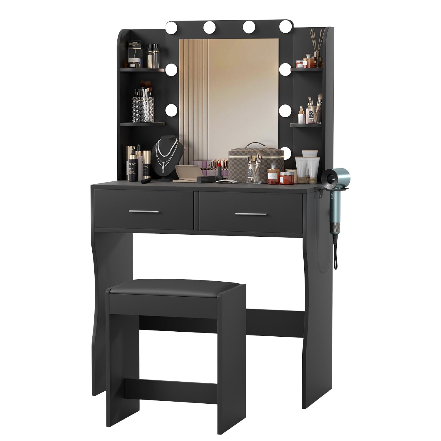 Photo 1 of ?FDW Vanity Desk with Mirror and Lights, 2-Drawer Makeup Vanity Desk with 3 Adjustable Light Colors, 6 Shelves and Power Outlets for Bedroom, Black