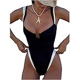 WDIRARA Women's Contrast Trim One Piece Swimsuit Spaghetti Strap High Cut Swimwear