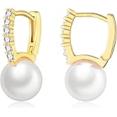 EPIRORA Sterling Silver Pearl Hoop Earrings for Women, Cubic Zirconia Huggie Earrings Jewelry Wedding Prom Birthday Gifts