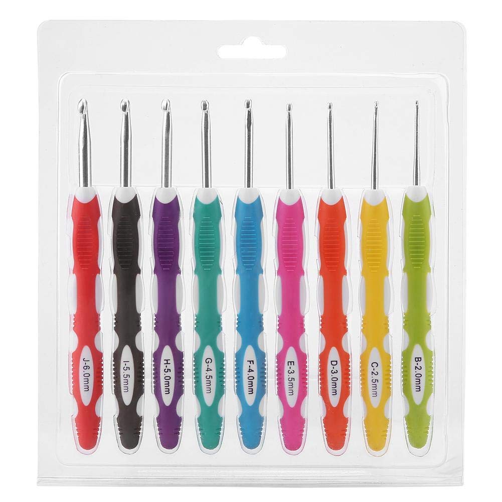 Crochet Hook Set 9Pcs Ergonomic Plastic Handle Aluminum Hooks Multicolored #2 Size for Knitting and Crocheting Projects