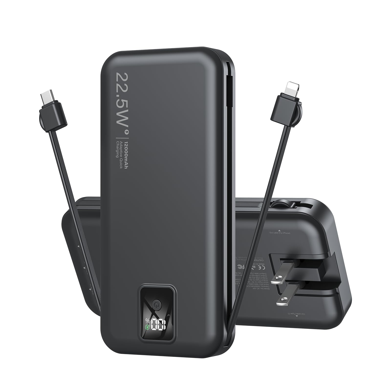 Photo 1 of Portable Charger Built-in Cables and AC Wall Plug, 12000mAh power Bank, USB C 22.5W Fast charging Phone Charger ,Compact Lightweight External Battery Pack for iPhones, iPad, Samsung?Tablets, etc.