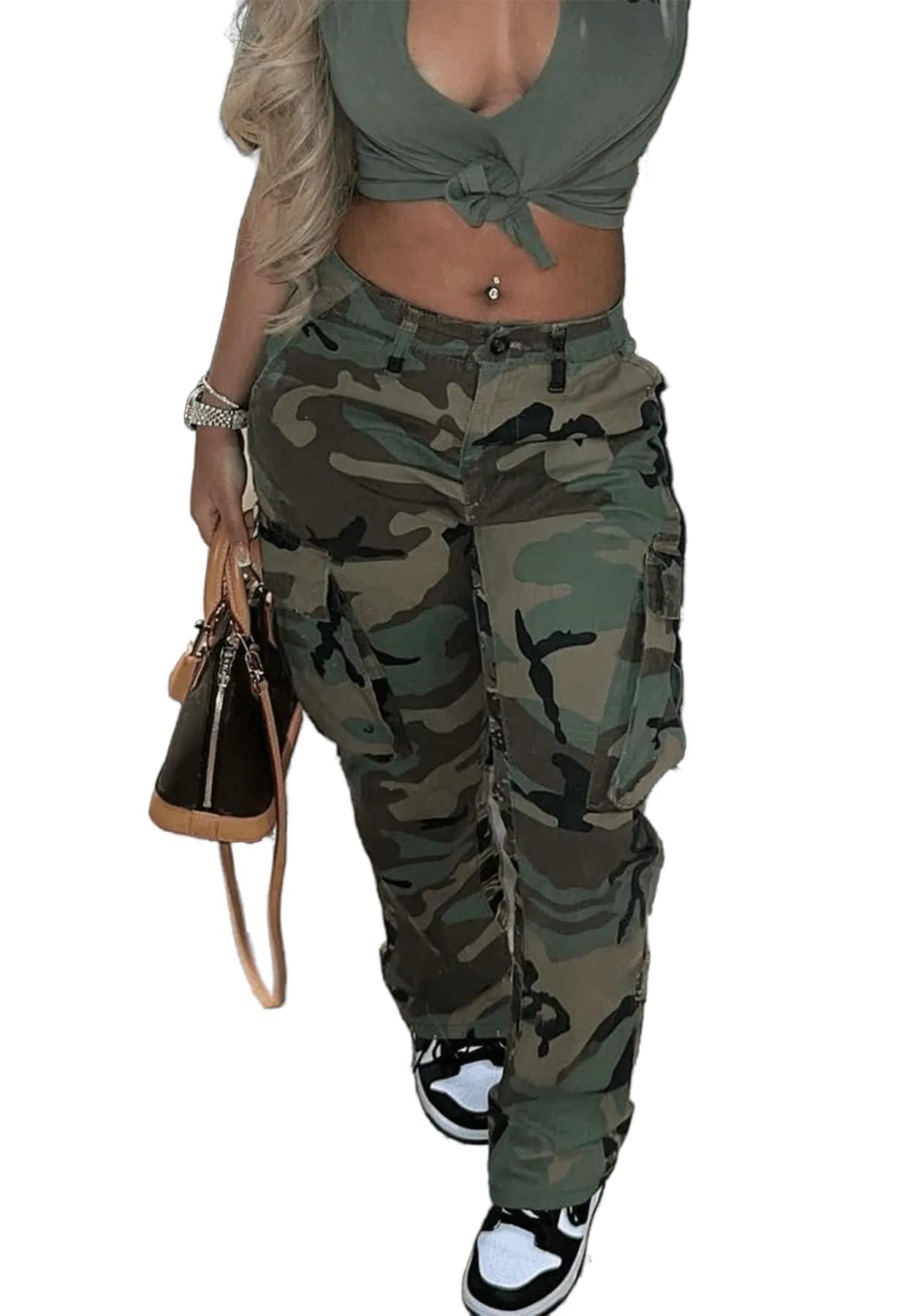 Photo 1 of HuiSiFang Women's Cargo Pants Camo Print Regular Fit Straight Leg Casual Long Pants with Pockets (Size Unknown)
