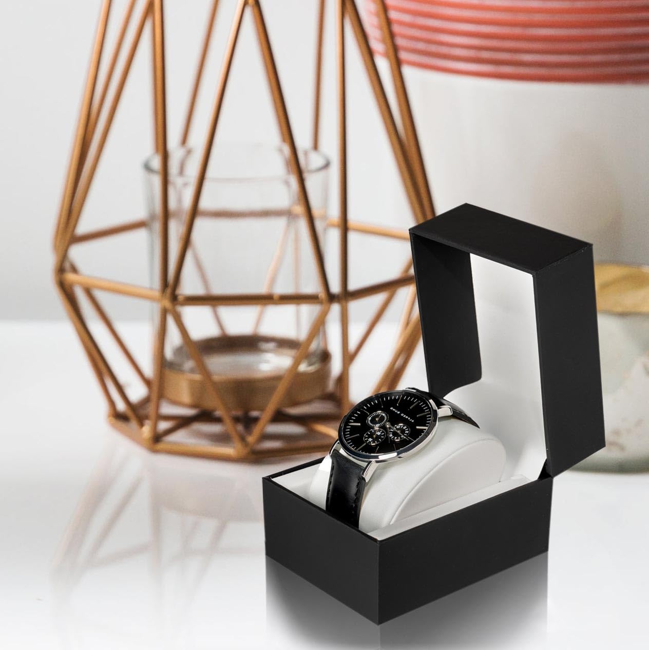 Prestige & Fancy Premium Black Watch Gift Box with Pillow – Single Watch case Storage Box PU Wristwatch Display Case Organizer for men and women for Christmas, Birthdays, Anniversary (Black)