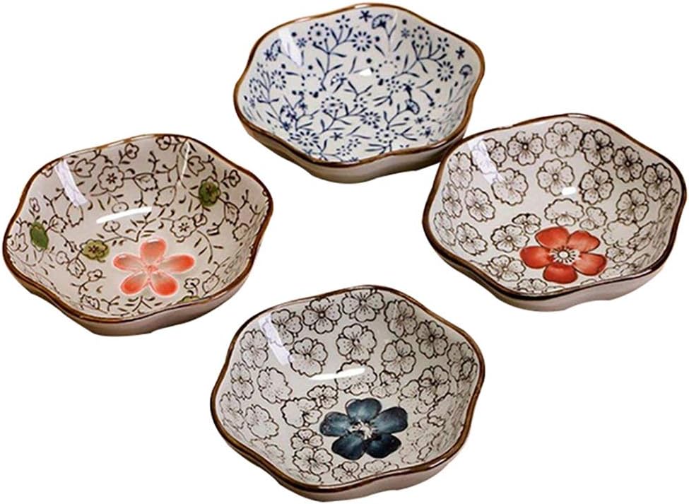DEBON Set of 4 Asian Style Plate Hand Painted Flower Glaze Porcelain Condiment Dishes Sushi Serving Dish Appetizer Dessert Salad Snack Candy Fruit Multi Purpose Platter Tealight Holder Jewelry Tray