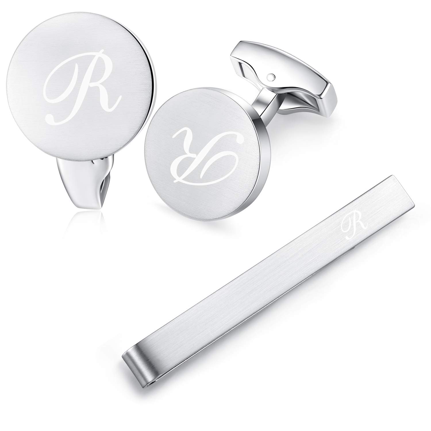 HONEY BEAR Initial Alphabet Letter Cufflinks Tie Clip Set for Mens - Round Stainless Steel, for Business Wedding Gift,Brushed Silver (R)