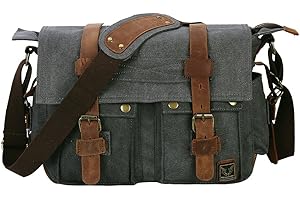 Peacechaos Messenger Bag Leather Canvas Shoulder Bookbag Laptop Bag + Dslr Slr Camera Canvas Shoulder Bag (Dark Grey)