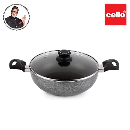 Cello Non Stick Hammered Tone Kadhai with Glass Lid 2.5 LTR, Black & Grey