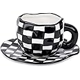 Noviko Checkered Mug Ceramic Checker Tea Cup and Saucer Set 10 oz