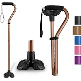 GPTCAMP Walking Cane Quad Base Self Standing 300lbs for Seniors | Folds, 1.1lb, 6 heights 31-36", offset EVA grip, wrist strap, all-terrain quiet base, for women men recovery