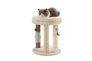 MECOOL 4in1 Small Cat Tree,Scratching Post with Tower Soft Bed, Sisal Carpet Jute Posts with Three Hanging Ball Toys and Massage Brush for Indoor Cats and Kittens