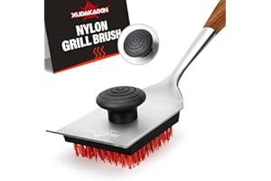 XUDAKAIXIN Nylon Grill Brush,Dual Grip Design,with Extended Luxurious Acaciawood Handle,Safe Nylon Bristles Barbecue Triple Scrubbers Cleaning Brush for Cast Iron Grates/Porcelain/Charcoal Grill