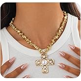 Chunky Cross Pearl Pendant Necklace,Vintage Plated Gold Big Crucifix Bead Statement Choker,Trendy Cross Short Collarbone Necklaces for Women