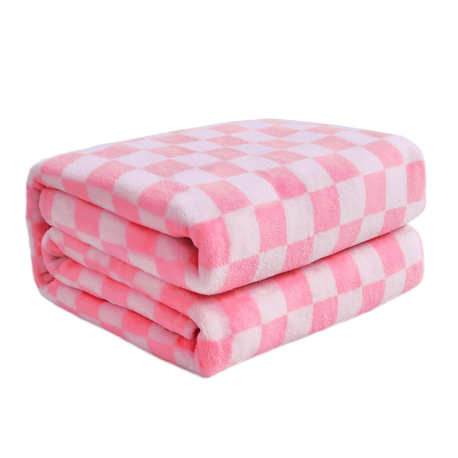 FY FIBER HOUSE Checkered Flannel Fleece Throw Blanket Queen Size Soft Cozy Checkerboard Grid Print Chessboard Gingham Pattern Blankets for Bed Couch Sofa, 90"x90", Light Pink Image