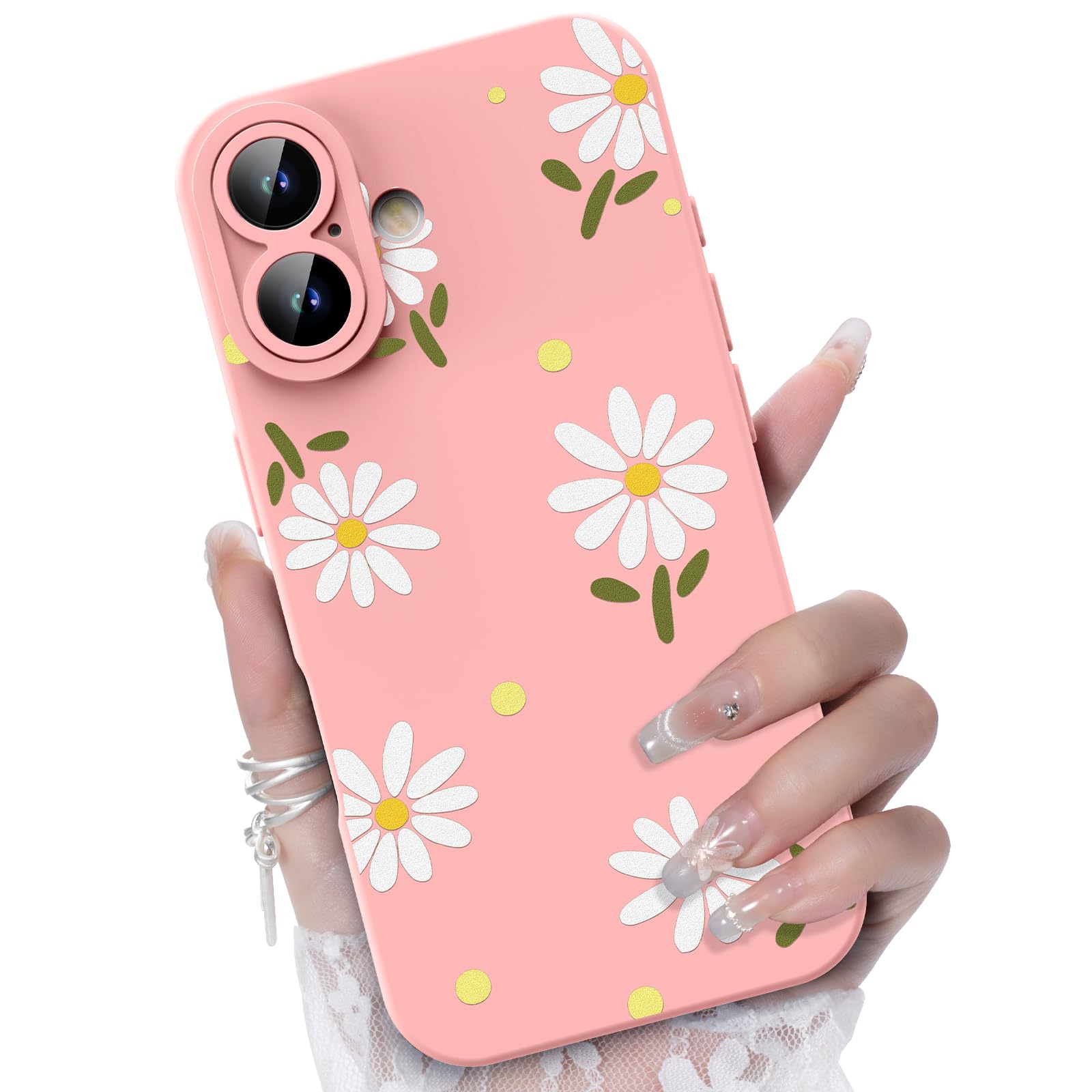 CASBST Compatible with iPhone 16 Phone Case, Fashion Flower Pattern Design Girls Women Liquid Silicone Cover, Slim Shockproof and Scratch-Resistant Soft Case for iPhone 16- Pink