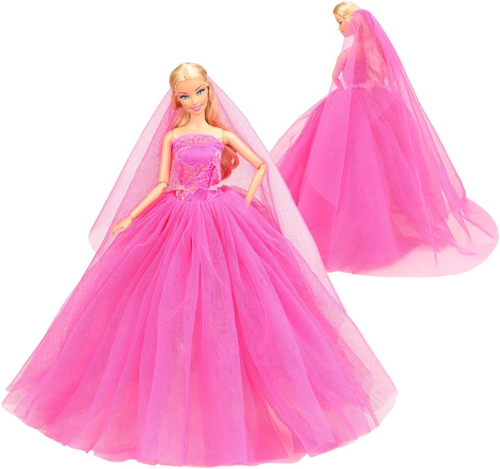 BARWA Beige Wedding Dress with Veil Evening Party Princess Beige Gown Dress for 11.5 inch Doll … (Rose Red)